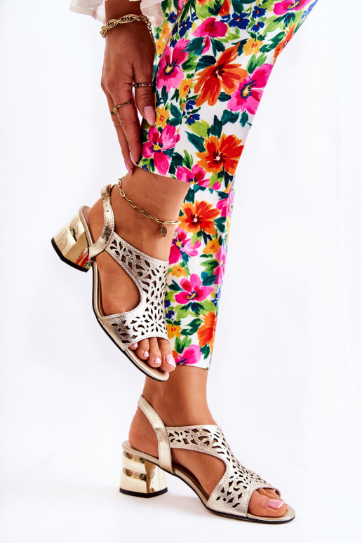 Leather Openwork Sandals On High Heels Gold Salvio