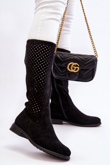 Women's Suede Openwork Over Knee Boots Black Savannah 2