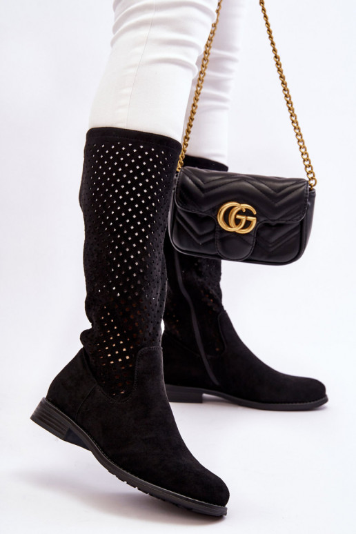 Women's Suede Openwork Over Knee Boots Black Savannah