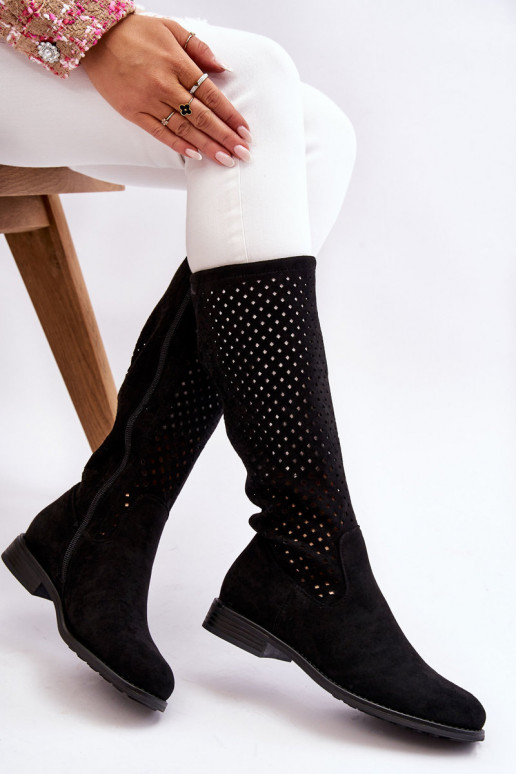 Women's Suede Openwork Over Knee Boots Black Savannah