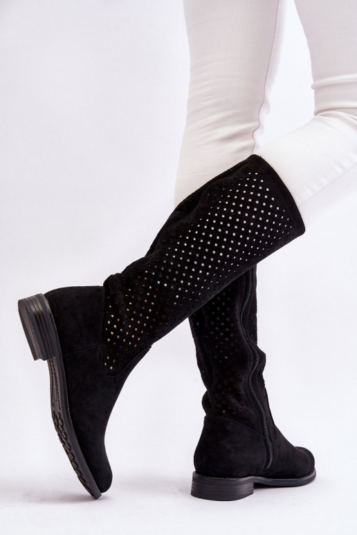 Women's Suede Openwork Over Knee Boots Black Savannah