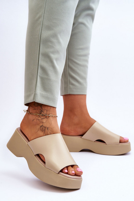 Women's Leather Platform Sandals Beige Lucami