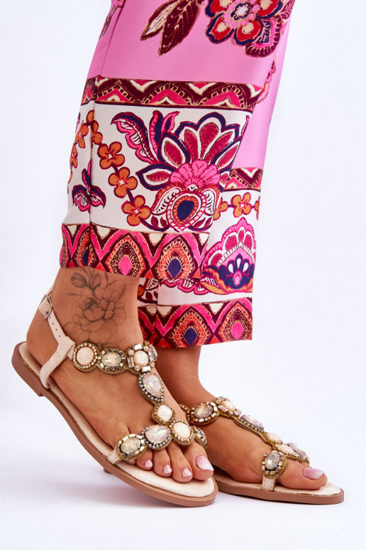 Suede Flat Sandals With Stones Beige...