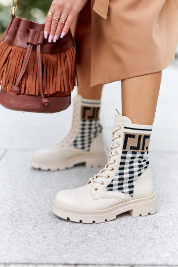Elastic Fabric Boots Beige...