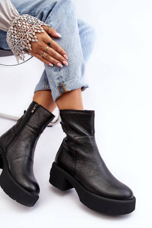 Leather Low Heel Boots Black Lemar...
