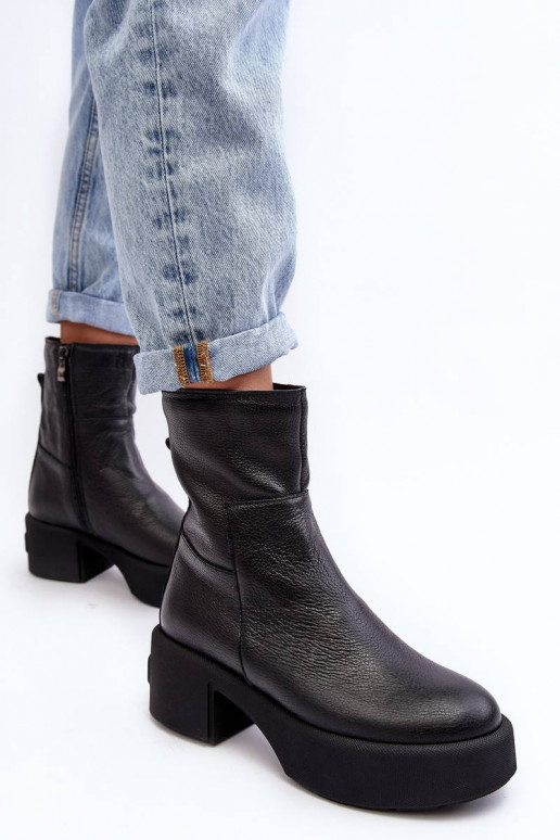 Leather Low Heel Boots Black Lemar...