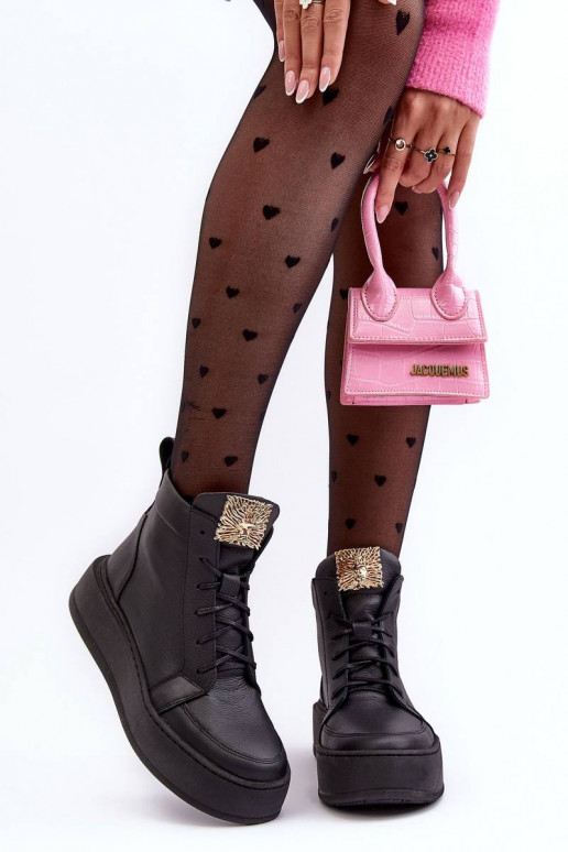 Women's Laced Boots with Leather Decoration Black Nicole