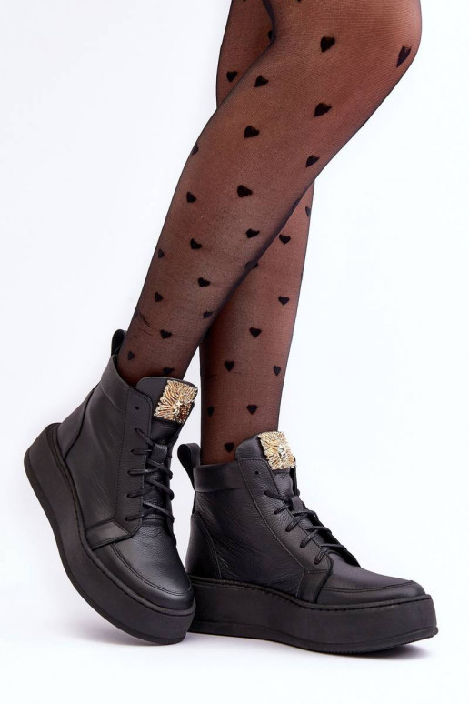 Women's Laced Boots with Leather Decoration Black Nicole