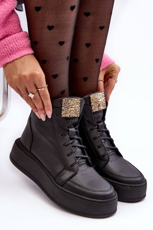 Women's Laced Boots with Leather Decoration Black Nicole