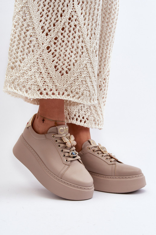 copy of Damskie Skórzane Sneakersy Z Ozdobami CheBello 4292 Beżowe
