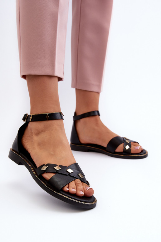 Zazoo Flat Women's Leather Sandals Black