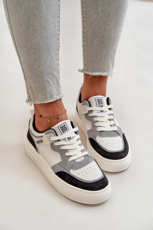 Damskie Niskie Sneakersy Z Eko Skóry Big Star OO274028 Biało-Szare