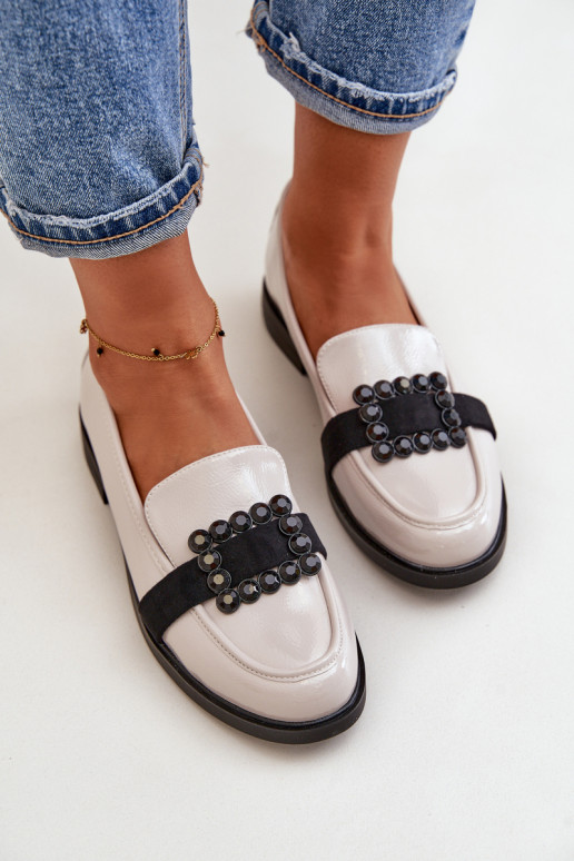 Lacquered Women's Moccasins With Decoration Light Gray Vinceza 58389