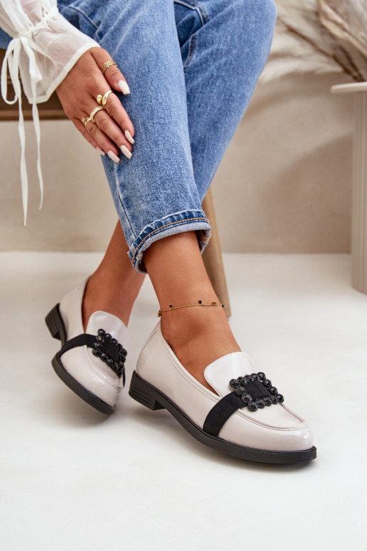 Lacquered Women's Moccasins With Decoration Light Gray Vinceza 58389