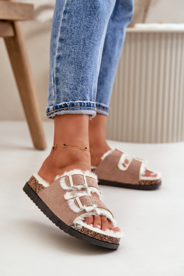 Women's Slippers Slides With Buckles And Fur Beige Ezilena 2