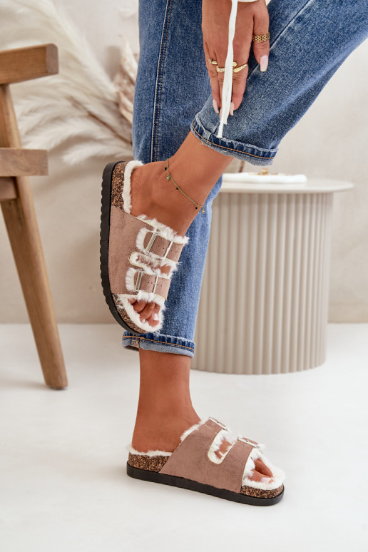 Women's Slippers Slides With Buckles And Fur Beige Ezilena