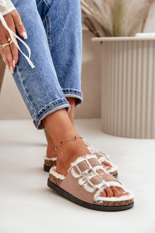 Women's Slippers Slides With Buckles And Fur Beige Ezilena