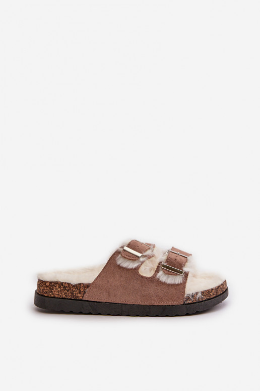 Women's Slippers Slides With Buckles And Fur Beige Ezilena