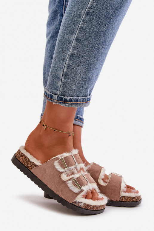 Women's Slippers Slides With Buckles And Fur Beige Ezilena