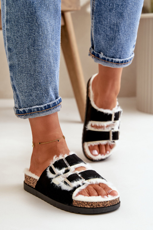 Women's Slippers With Buckles And Fur Black Ezilena