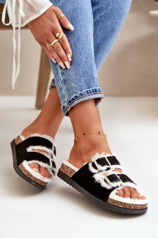 Women's Slippers With Buckles And Fur Black Ezilena