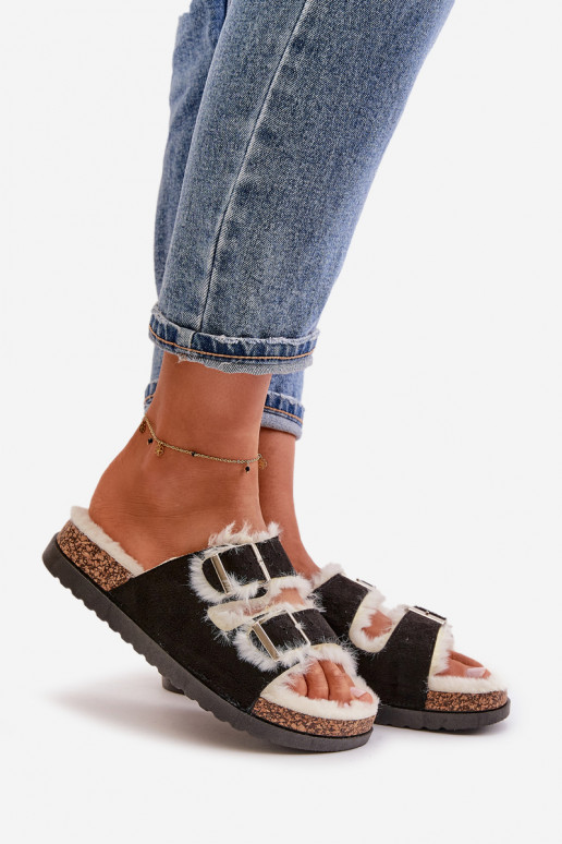 Women's Slippers With Buckles And Fur Black Ezilena