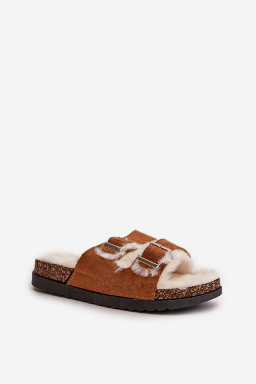 Women's Slippers With Buckles And Fur Camel Ezilena Women's Slippers With Buckles And Fur Camel Ezilena