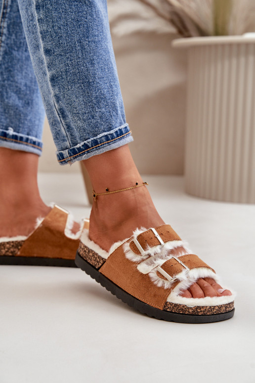 Women's Slippers With Buckles And Fur Camel Ezilena Women's Slippers With Buckles And Fur Camel Ezilena
