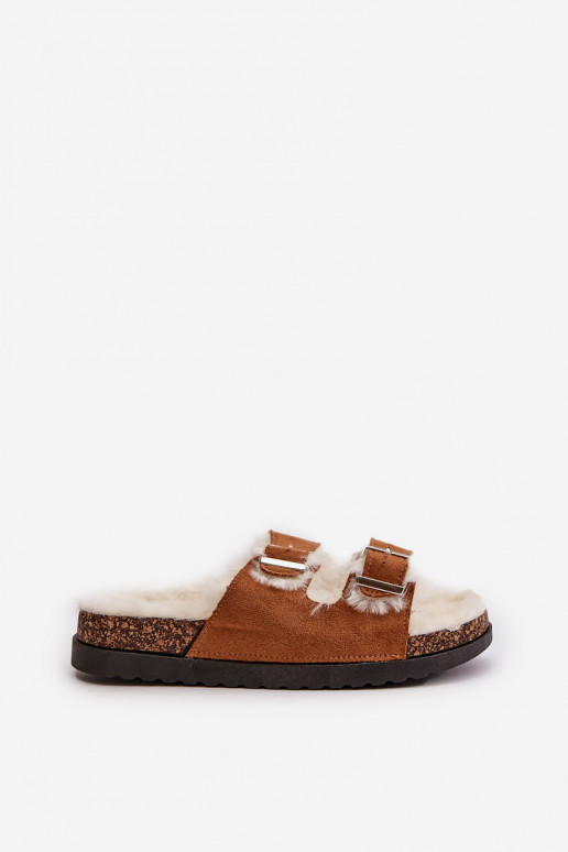 Women's Slippers With Buckles And Fur Camel Ezilena Women's Slippers With Buckles And Fur Camel Ezilena