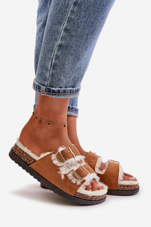 Women's Slippers With Buckles And Fur Camel Ezilena Women's Slippers With Buckles And Fur Camel Ezilena