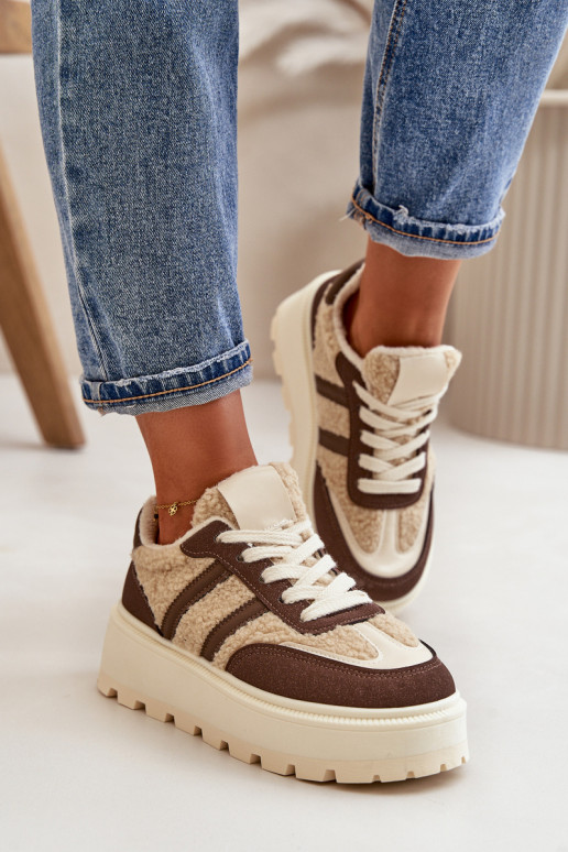 Warm Women's Platform Sneakers with Fur Brown Daivlene