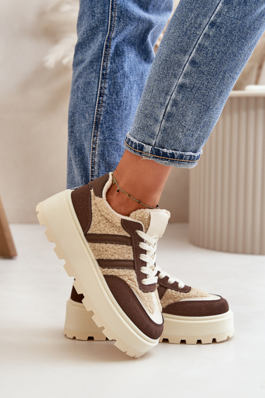 Warm Women's Platform Sneakers with Fur Brown Daivlene