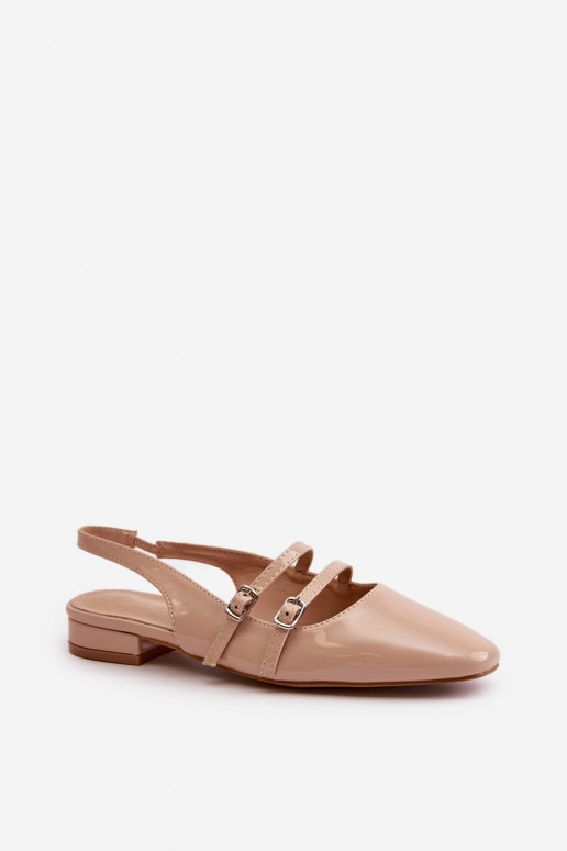 Lacquered Ballet Flats With Straps On Low Heel Beige Bialettia