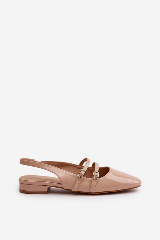 Lacquered Ballet Flats With Straps On Low Heel Beige Bialettia