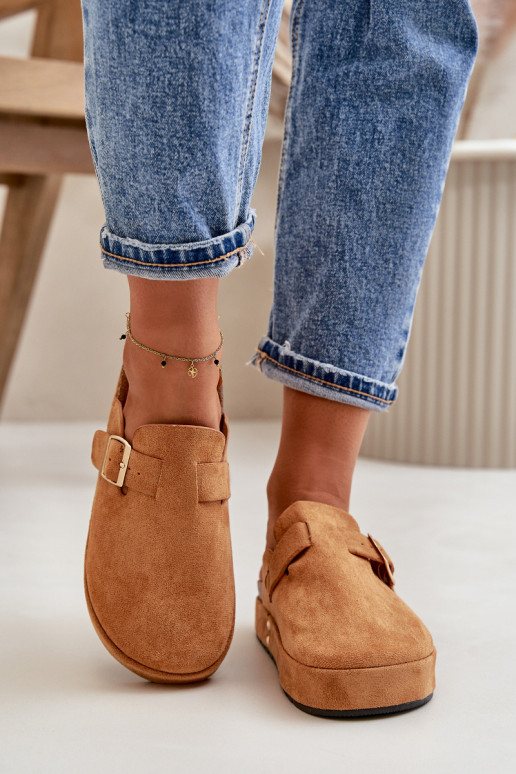 Women's Platform Clogs With Golden Buckle Camel Terilaina