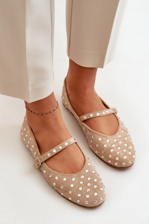 Embellished Ballerinas With Strap Eco Suede Beige Tirilissa