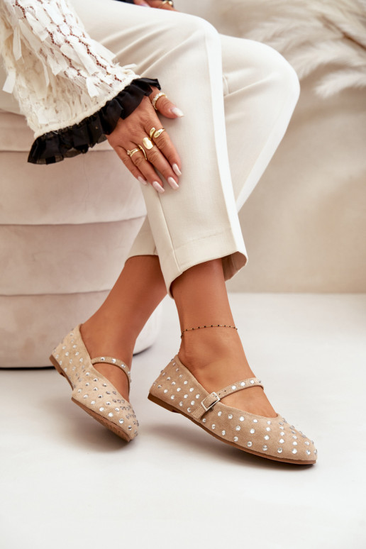 Embellished Ballerinas With Strap Eco Suede Beige Tirilissa