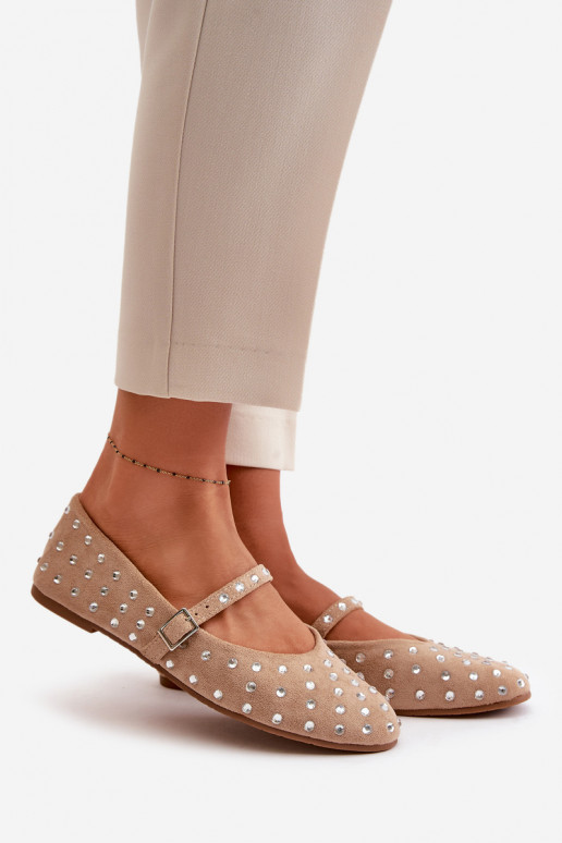 Embellished Ballerinas With Strap Eco Suede Beige Tirilissa