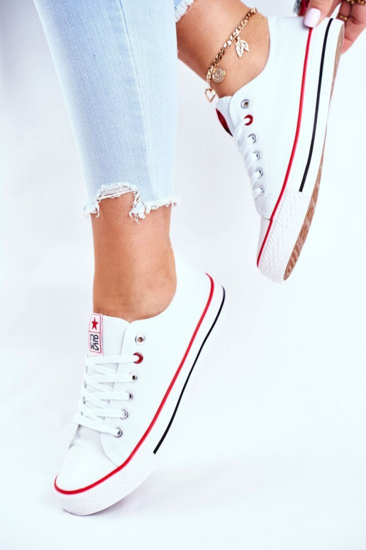Women's Classic Sneakers White With Red Line Ecoma Women's Classic Sneakers White With Red Line Ecoma