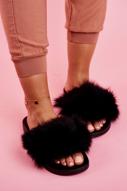Women's Slides With Fur Black Belmondo