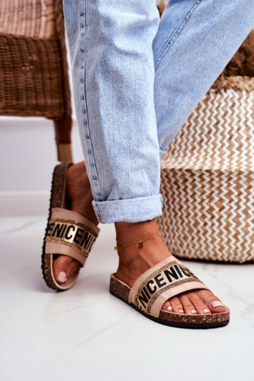 Slippers On Cork Sole With Cubic Zirconia Beige Be Nice 2