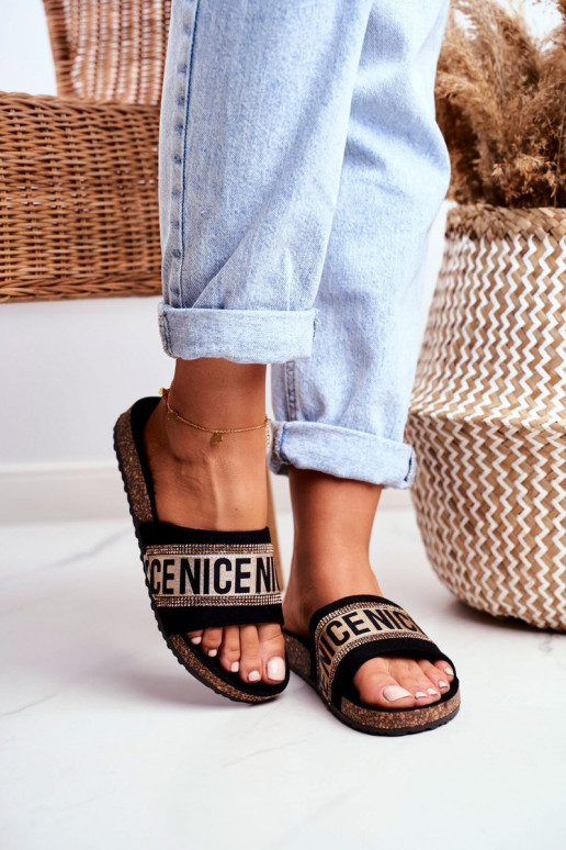 Slippers On Cork Sole With Cubic Zirconia Black-Gold Be Nice