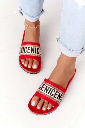 Slippers On Cork Sole With Cubic Zirconia Red Be Nice 2