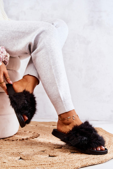 Slippers With Fur Rubber Black Pollie 2