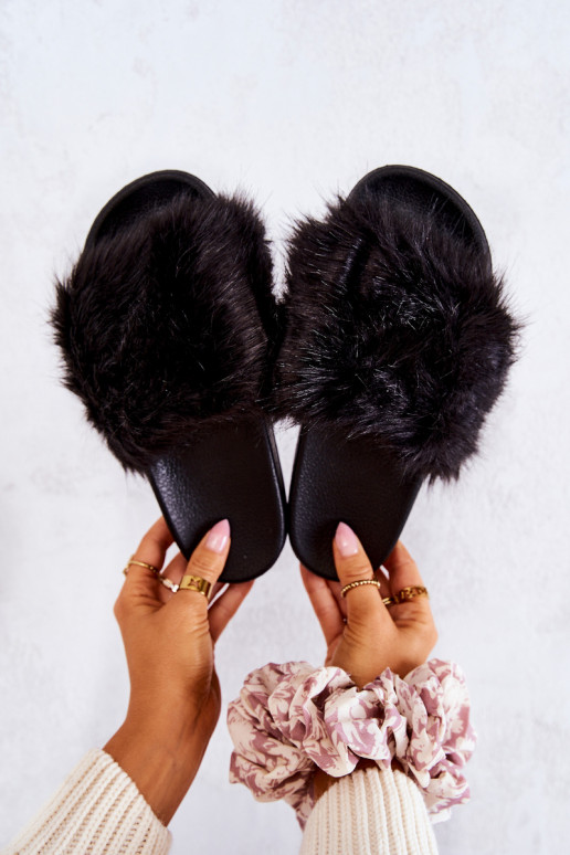 Slippers With Fur Rubber Black Pollie