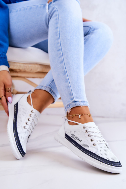 Women's Leather Sneakers White and Navy Blue Cloesa Women's Leather Sneakers White and Navy Blue Cloesa