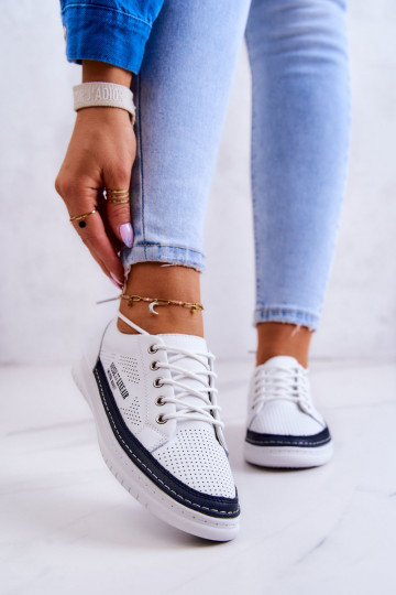 Women's Leather Sneakers White and Navy Blue Cloesa 2