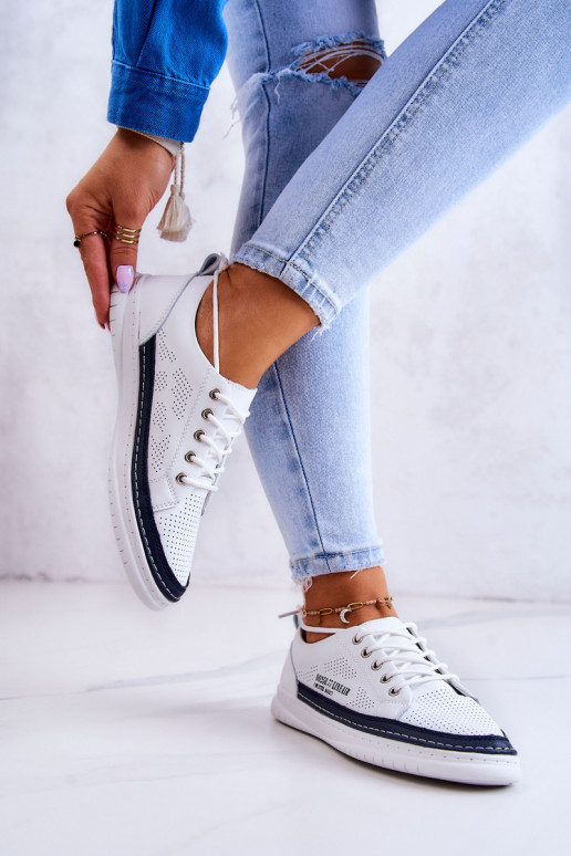 Women's Leather Sneakers White and Navy Blue Cloesa Women's Leather Sneakers White and Navy Blue Cloesa