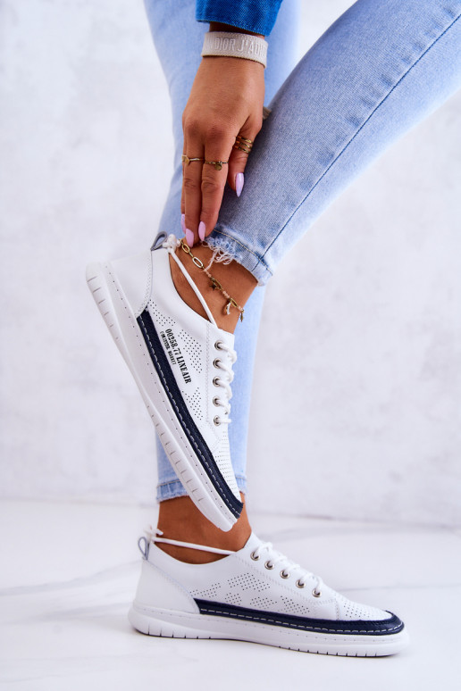 Women's Leather Sneakers White and Navy Blue Cloesa Women's Leather Sneakers White and Navy Blue Cloesa