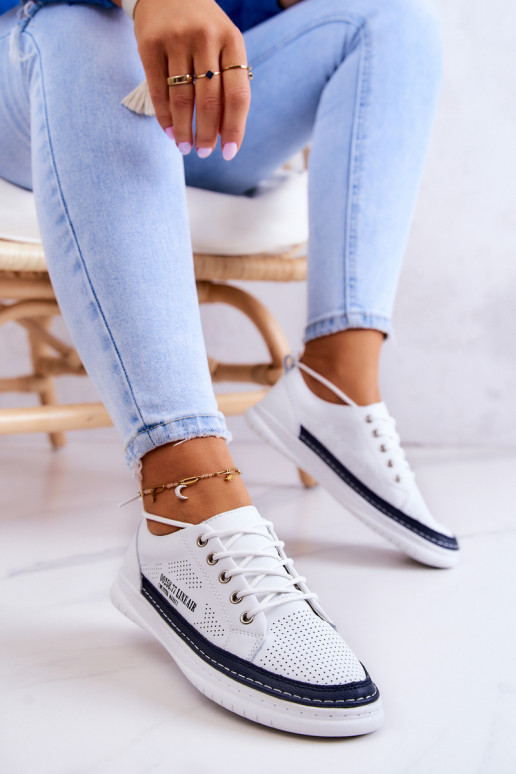 Women's Leather Sneakers White and Navy Blue Cloesa Women's Leather Sneakers White and Navy Blue Cloesa